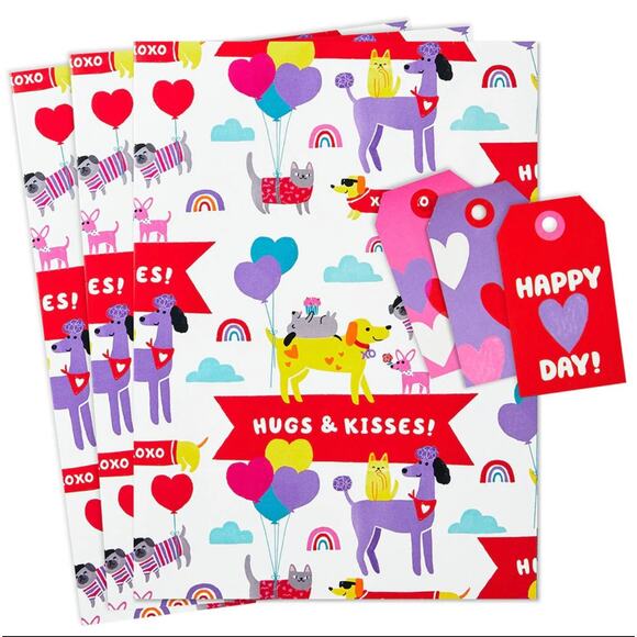 Hallmark 5-Pack Recyclable Gift Wrap Sheets Tags Dog-Themed Hugs & Kisses New - Picture 2 of 4